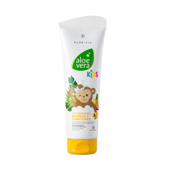 LR_ALOE_VERA_KIDS_JUNGLE_FRIENDS_3EN1 LR Aloe Vera Kids Jungle Friends 3 en 1 - Gel de ducha, champú y acondicionador infantil con Aloe Vera, aroma tropical y fórmula suave para el cuidado diario de la piel y el cabello.