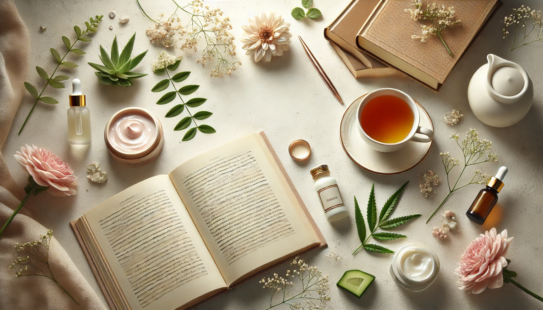 magen de fondo elegante y realista para una página de blog, con elementos naturales como hojas de aloe vera, tarros de crema, un libro abierto y una taza de té, dispuestos sobre una superficie clara y minimalista. La iluminación suave y los detalles naturales transmiten una sensación de relajación, aprendizaje y cuidado personal