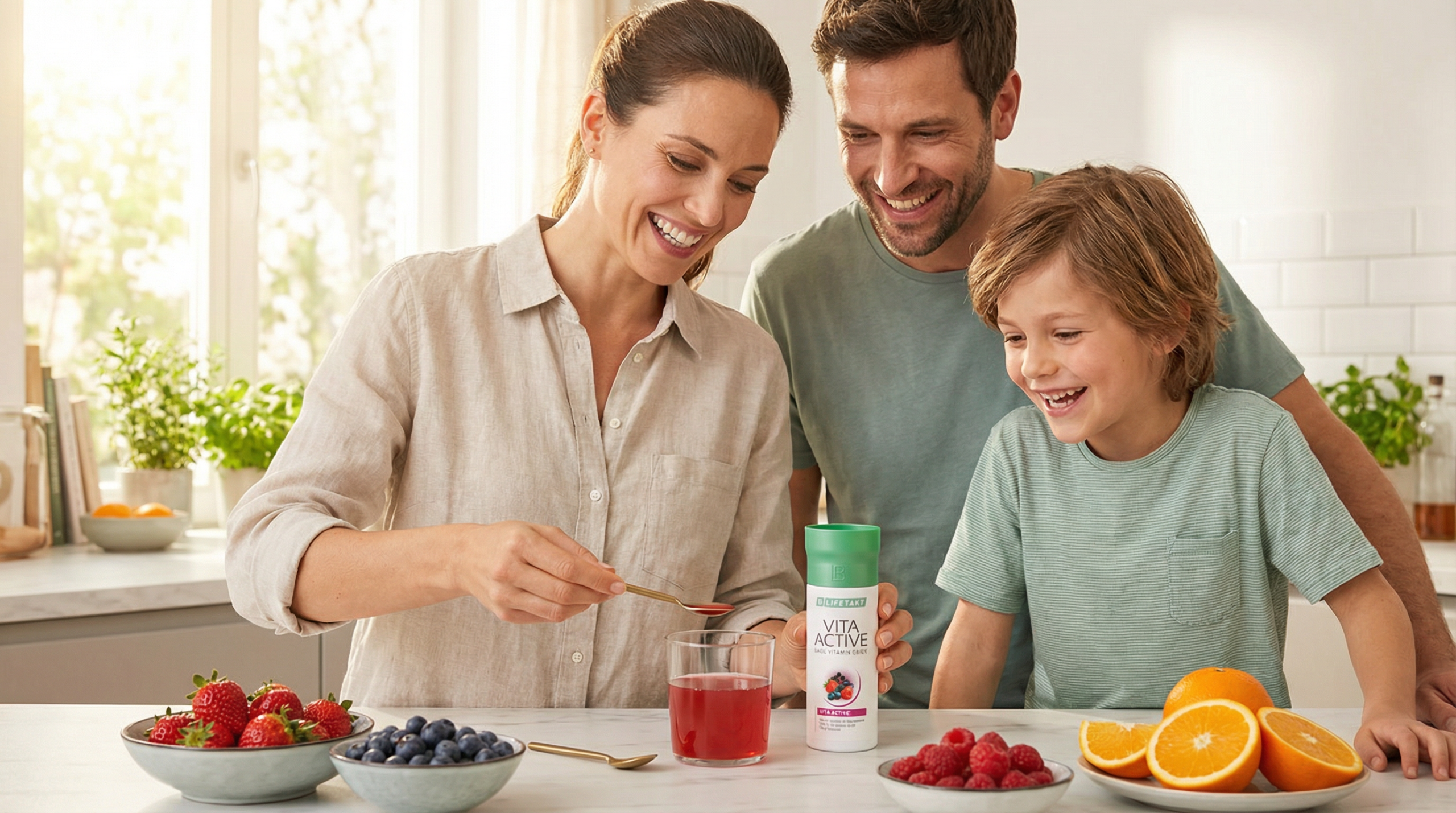 Familia disfrutando de Vita Active LR vitaminas naturales para toda la familia